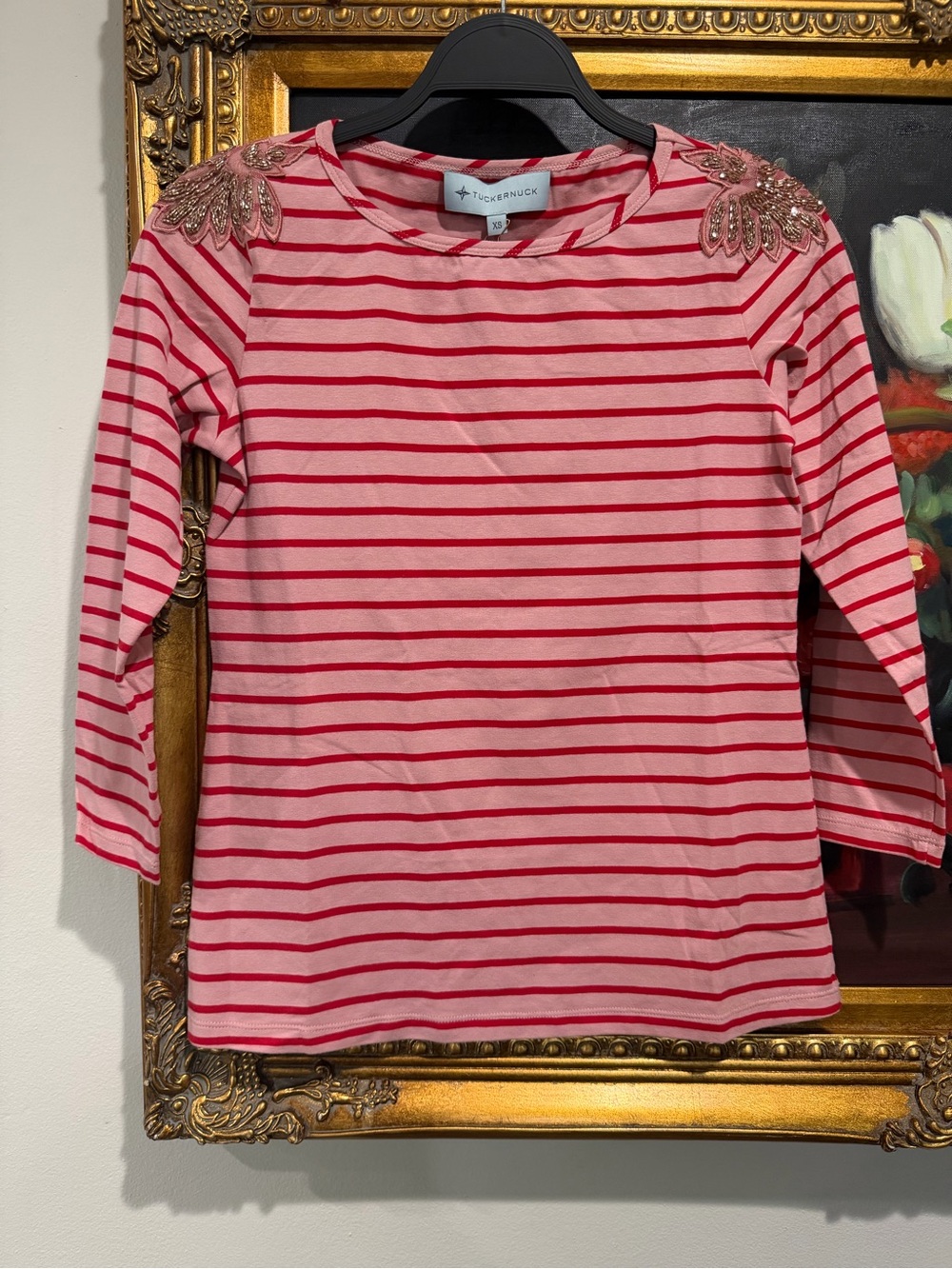 Tuckernuck Pink and Red Striped Long Sleeve Top with Beaded Shoulder Accents